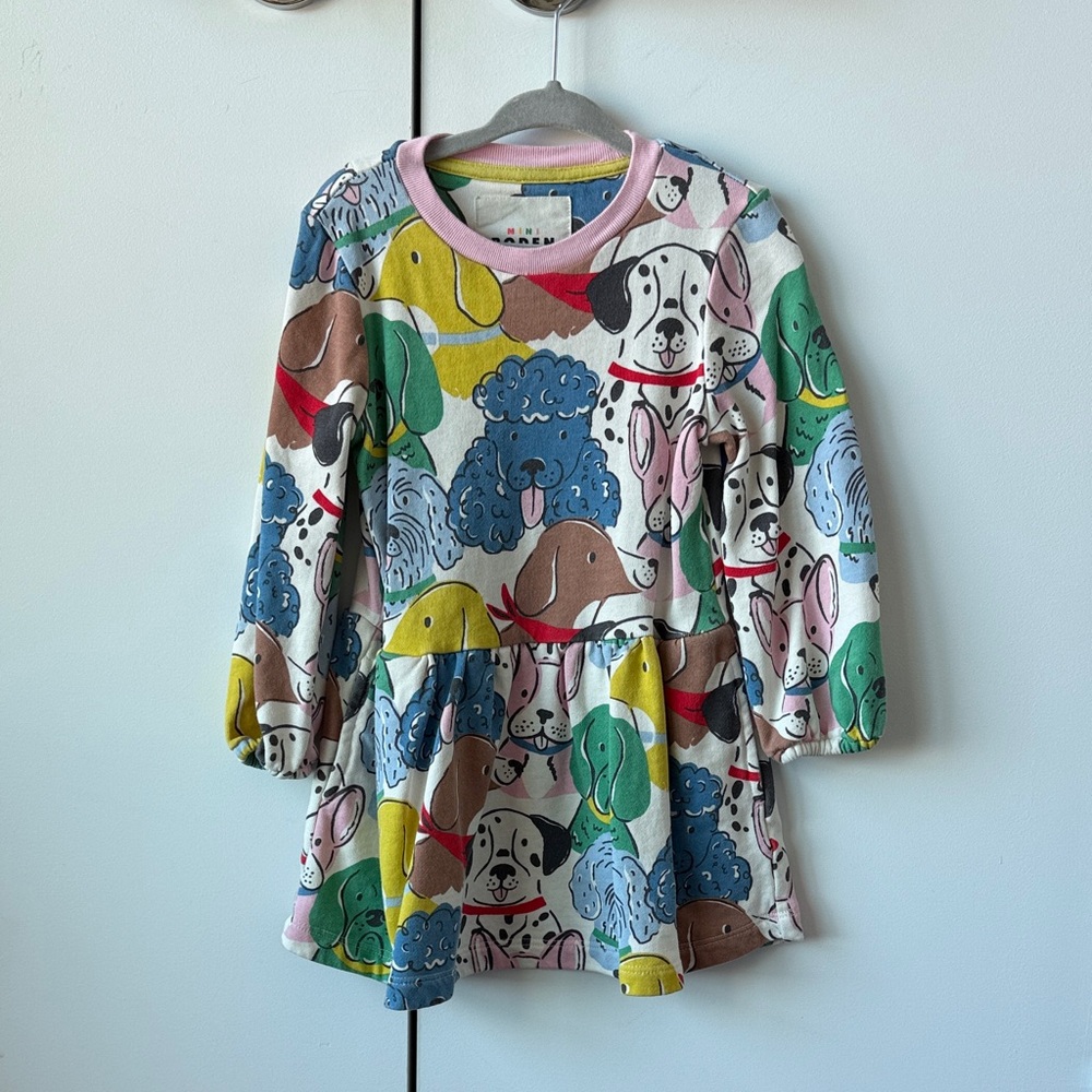 Mini Boden Kids' Long Sleeve Cotton Sweatshirt Dress Multi Dogs 2-3Y